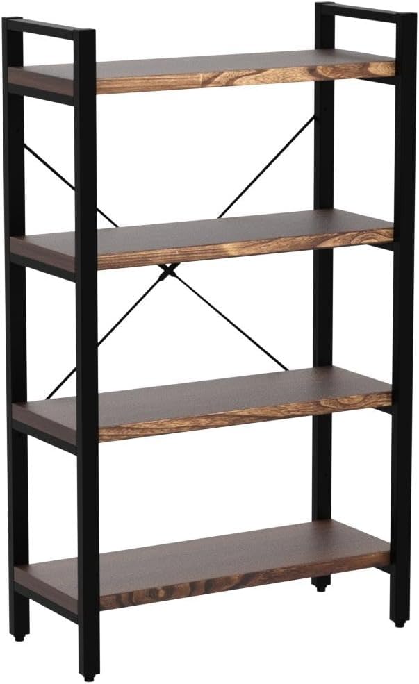 Solid Wood Bookshelf,4 Tier Rustic Vintage Industrial Etagere Bookcase