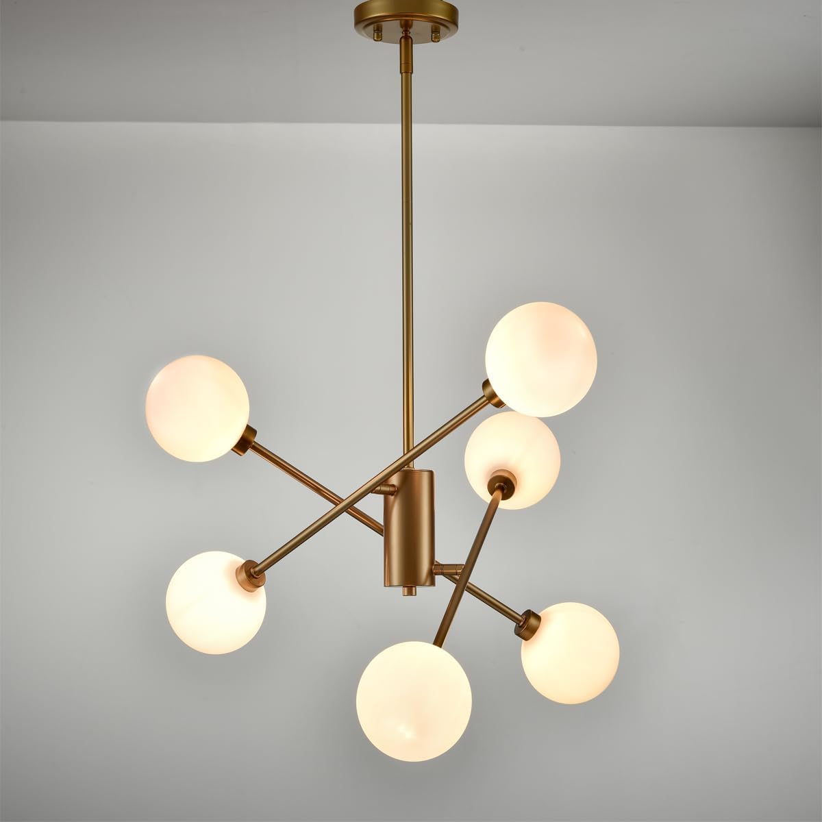 6 Lights Modern Glass Globe Chandelier Mid Century Brass Branches Milky White Ball