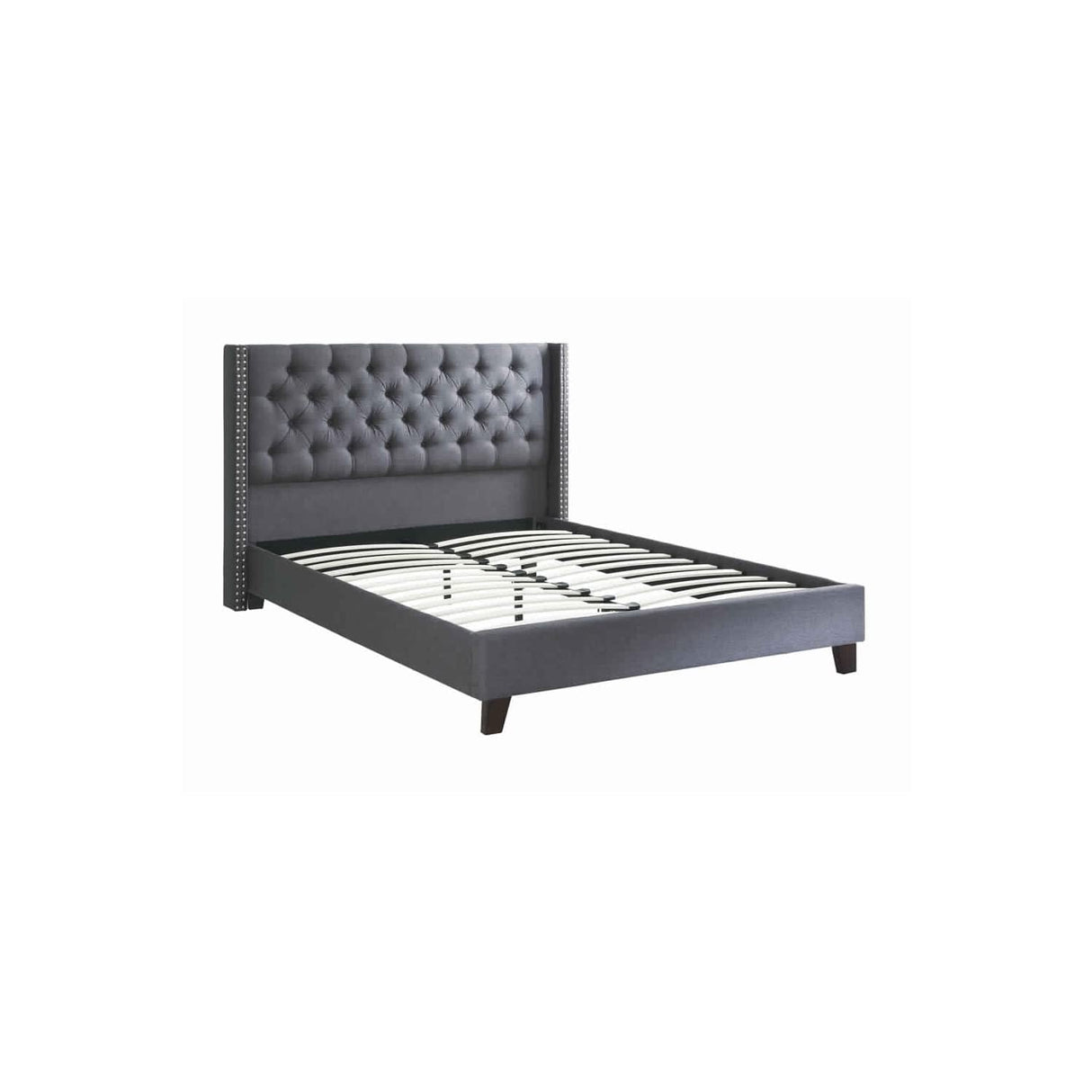 Polyfiber Upholstered Full Size Bed Featuring Nail Head Trim, Blue and Gray,