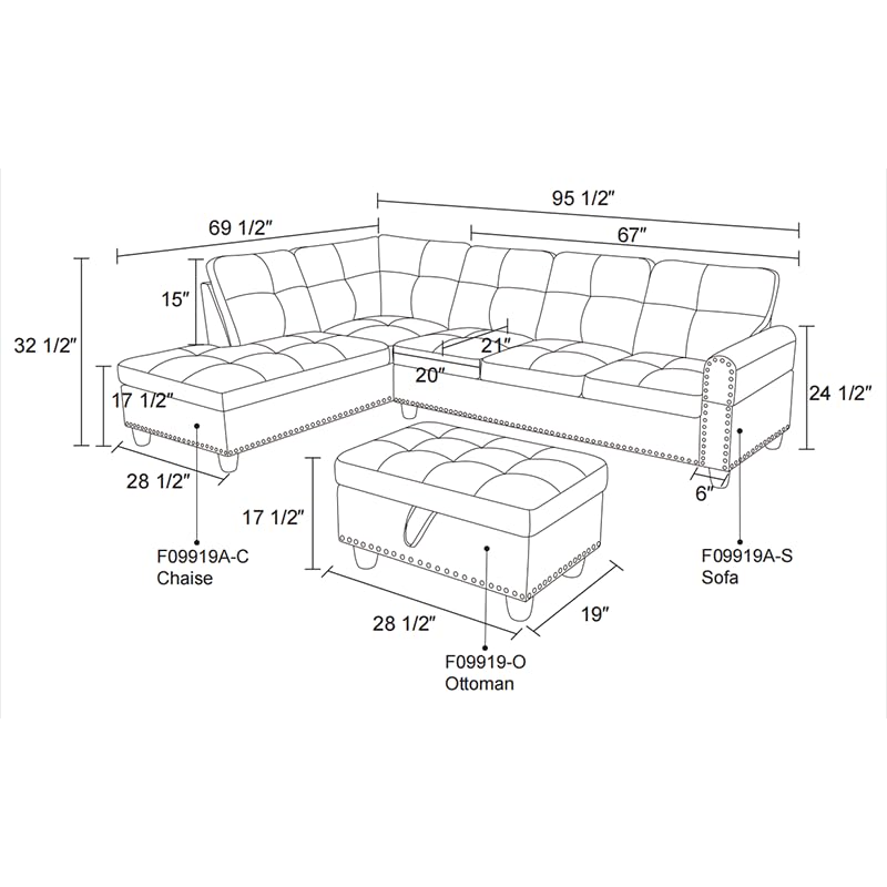 Linen Upholstered L-Shape Sectional Sofa with Storage Ottoman & Chaise