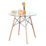 Clear Glass Dining Table,Modern Round Coffee Table with Wood Legs for Kitchen Dining Room and Living Room,