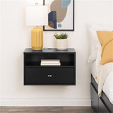 Prepac Transitional 1 Drawer Floating Nightstand with Open Shelf, Wall Mounted Nightstand, Contemporary Bedroom Furniture, 15"D x 22.5"W x 14.5"H, Black