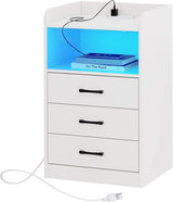 Nightstand with Charging Station and LED Light Strips, Night Stand with Drawers, End Table