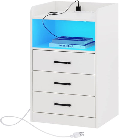 Nightstand with Charging Station and LED Light Strips, Night Stand with Drawers, End