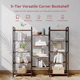 Triple Wide 5 Tier Bookshelf, Rustic Industrial Style Bookcases with 14 Open Display Shelves, Modern Tall Bookcase Furniture for Bedroom, Living Room and Home Office, Rustic Brown