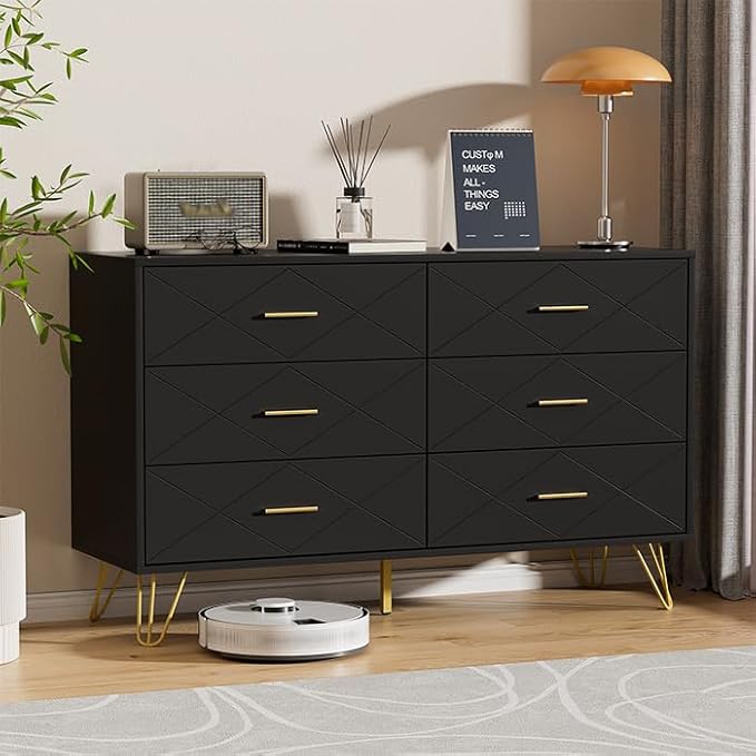 Black Dresser for Bedroom, 7 Drawer Dresser with Gold Pulls and Metal Legs