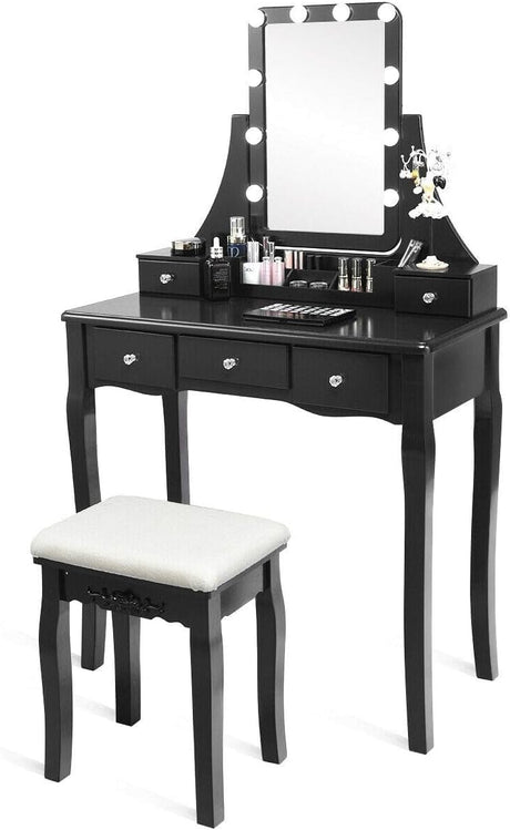 Table Set with Lighted Mirror, Modern Bedroom Vanity Desk w/ 10 Dimmable Light Bulbs &