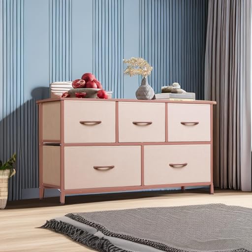 WLIVE Dresser for Bedroom with 5 Drawers, Wide Chest of Drawers, Fabric Dresser, Storage Organization Unit with Fabric Bins for Closet, Living Room, Hallway, Pink and Rose Gold