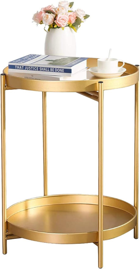 Tray Metal End Table, Gold Round Foldable Side Table Small Decorative Sofa Snack Coffee