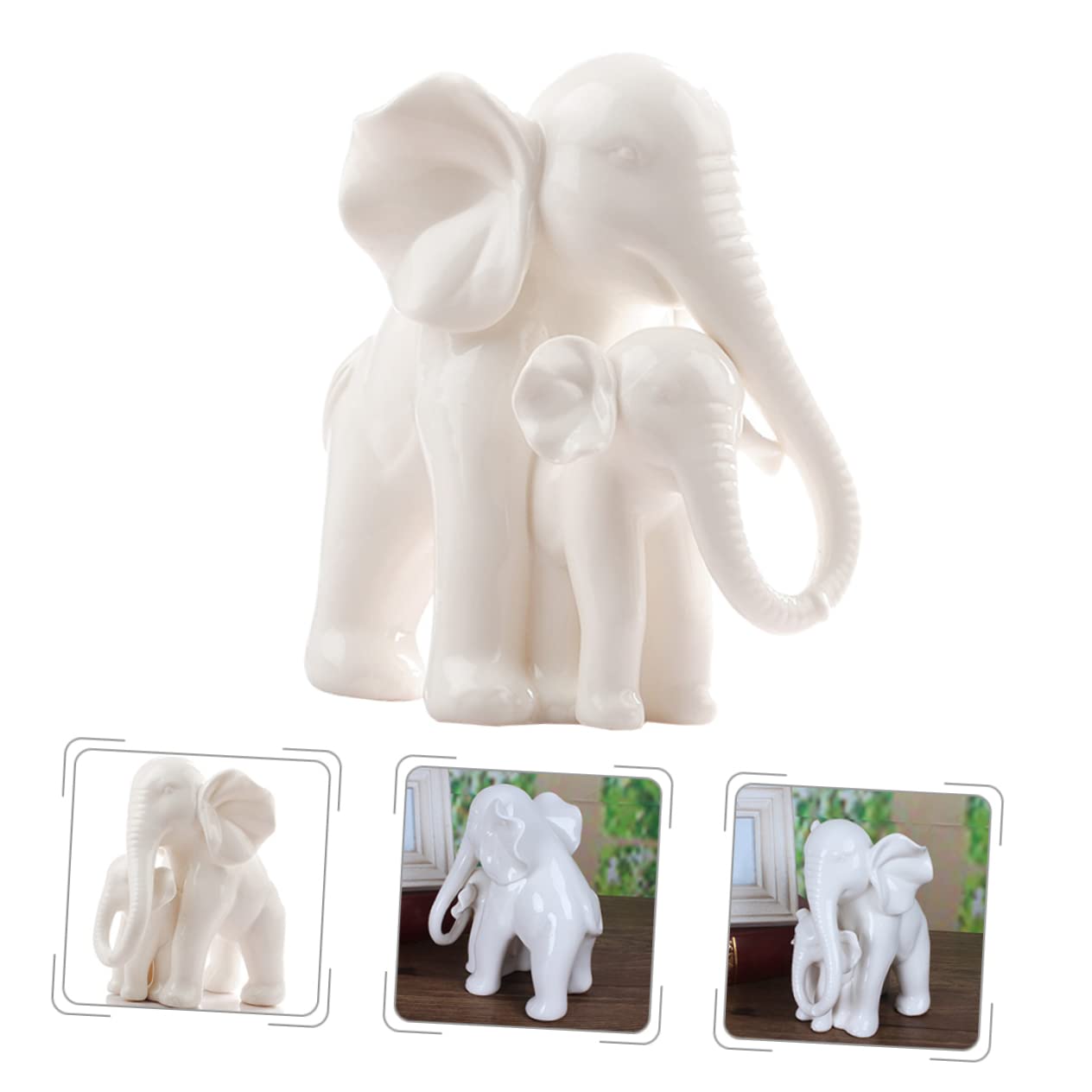 White Porcelain Mother Child Elephant Statue Lifelike Baby Elephant Figurine Elephant
