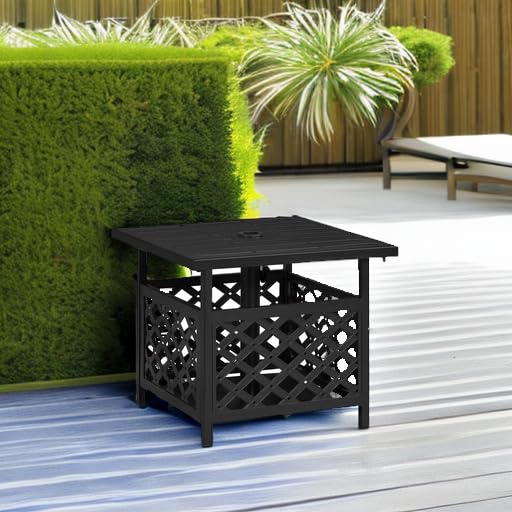 Yaheetech Outdoor Side Table with Umbrella Hole, Outdoor Table Base Metal Patio Side Table Coffee Table End Table for Garden, Pool, Deck - Bircata