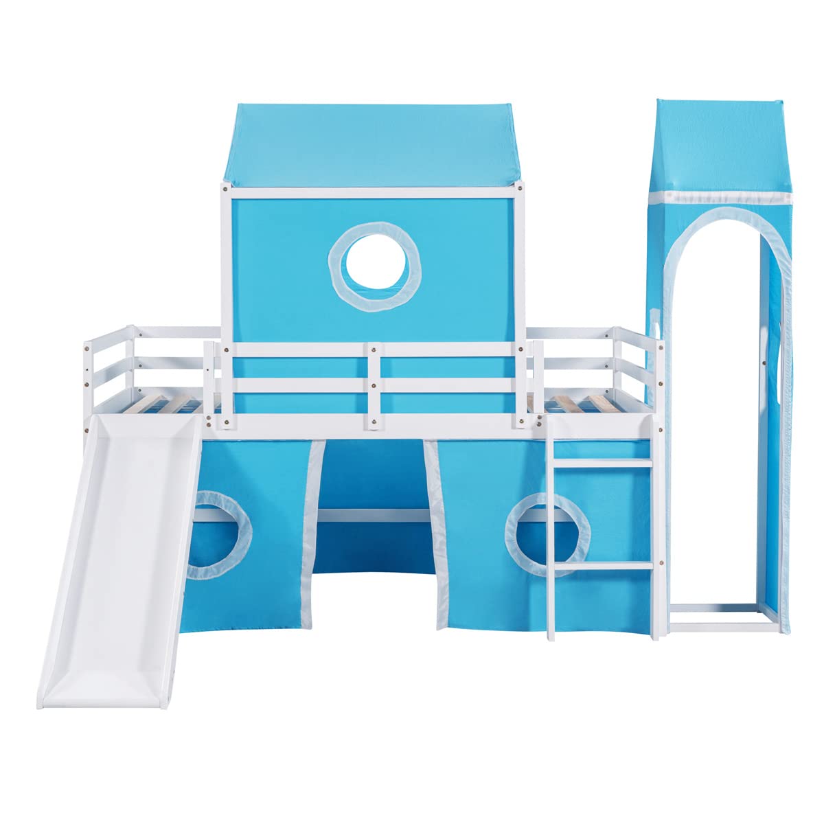 Playhouse Loft Bed,Twin Size House Bunk Bed with Slide Tent and Tower,Solid Wood Bunk Bed Frame with Roof Design and Fence Shaped Guardrails,Castle-Shaped Bunk Bed for Boys Girls,Blue