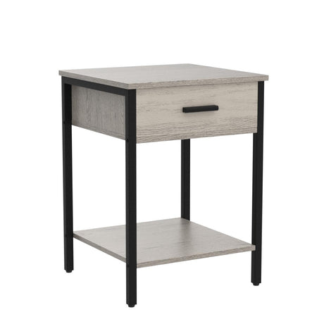 Gray Nightstand with Wood Drawer, Side Table with Storage Shelf, Bedroom