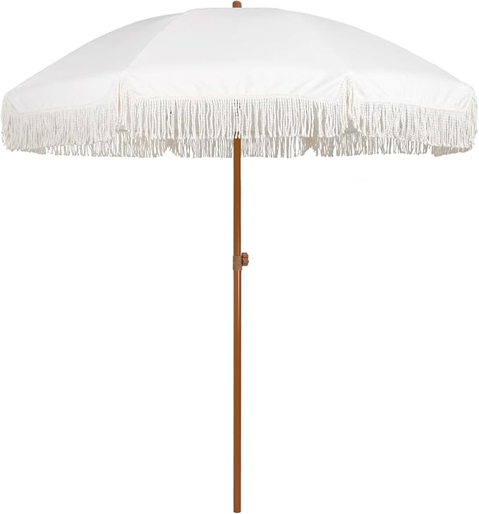 7ft Patio Umbrella with Fringe Outdoor Tassel Umbrella UPF50+ Premium Steel