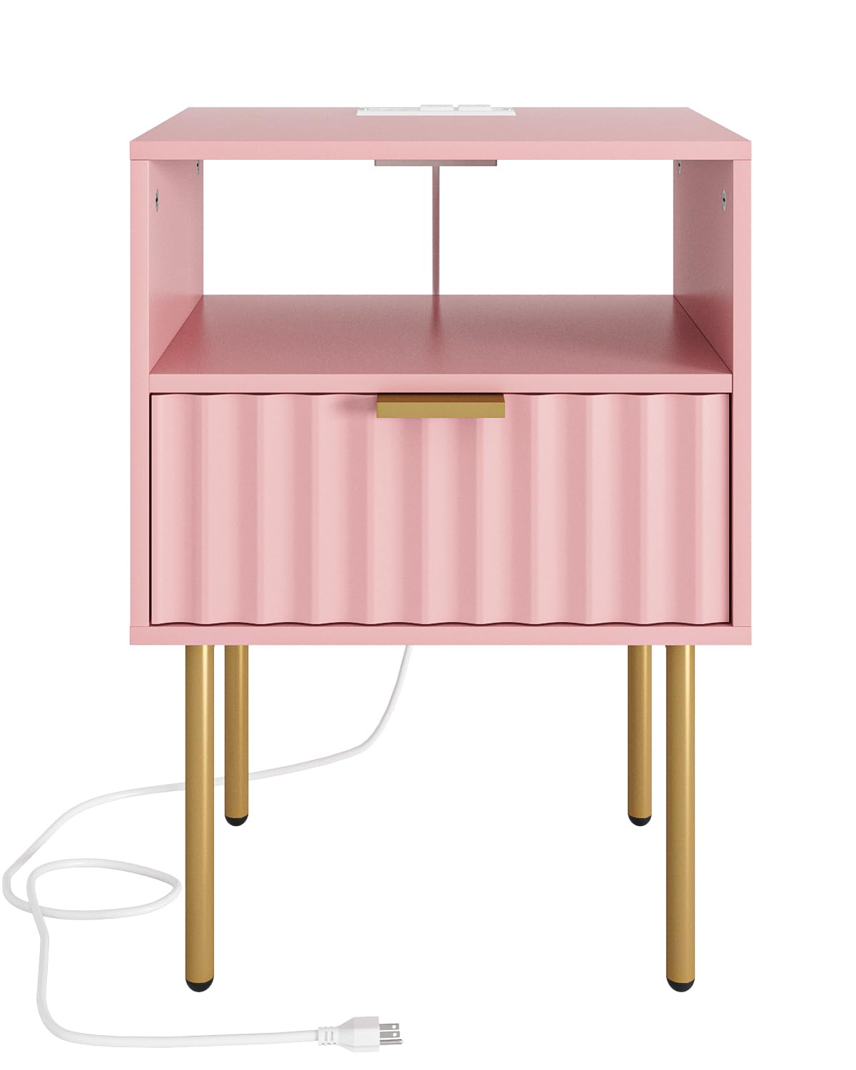 Night Stand with Charging Station, Fluted Bedside Table with Gold Frame