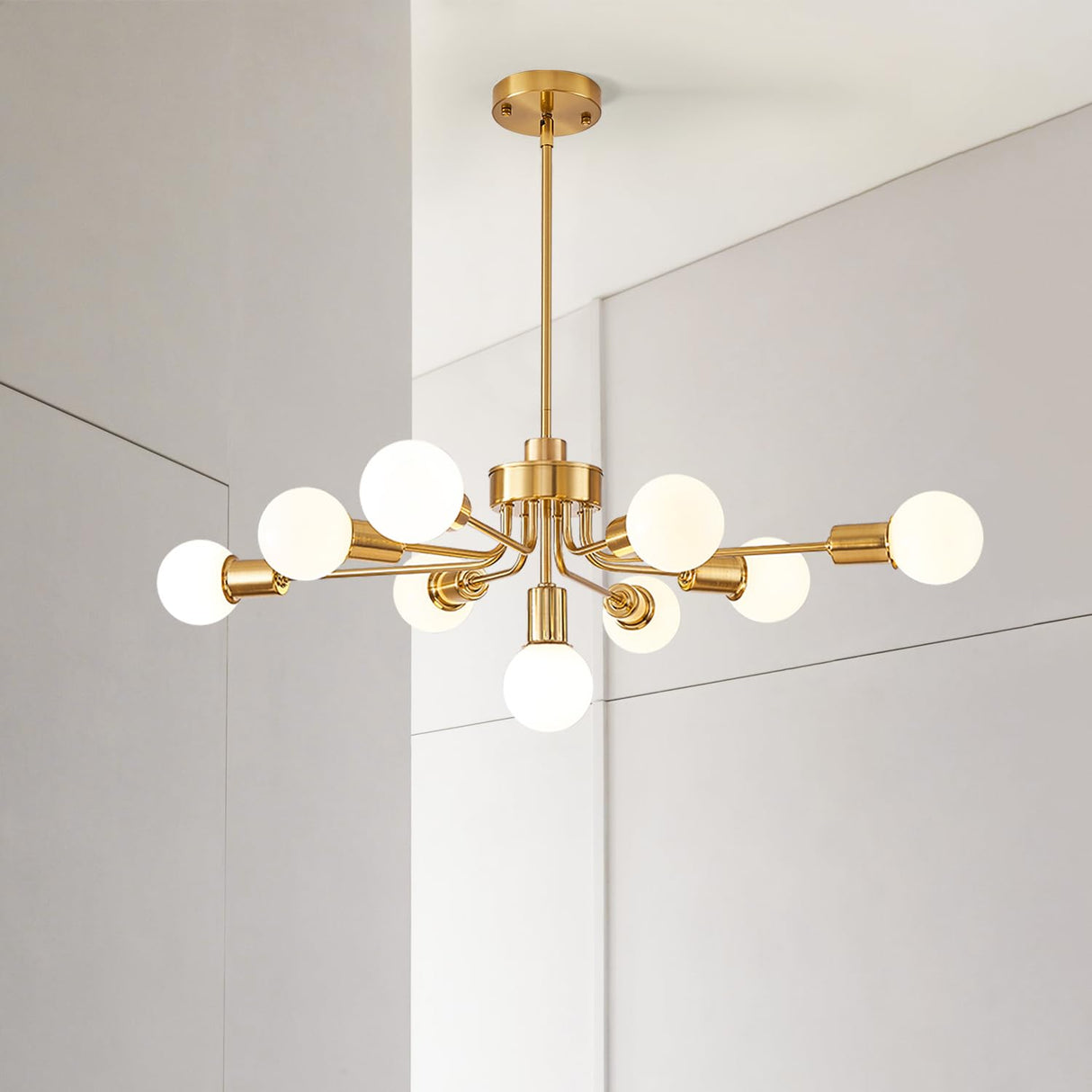 9 lights Gold chandelier，high ceiling chandelier dining room，sputnik dining room