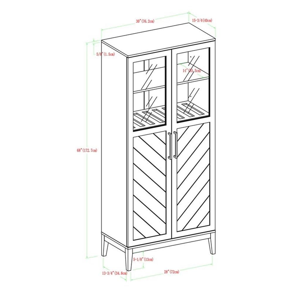 Emma Boho Chevron 2 Door Glass Window Hutch with Bottle Storage, 68 Inch, Birch