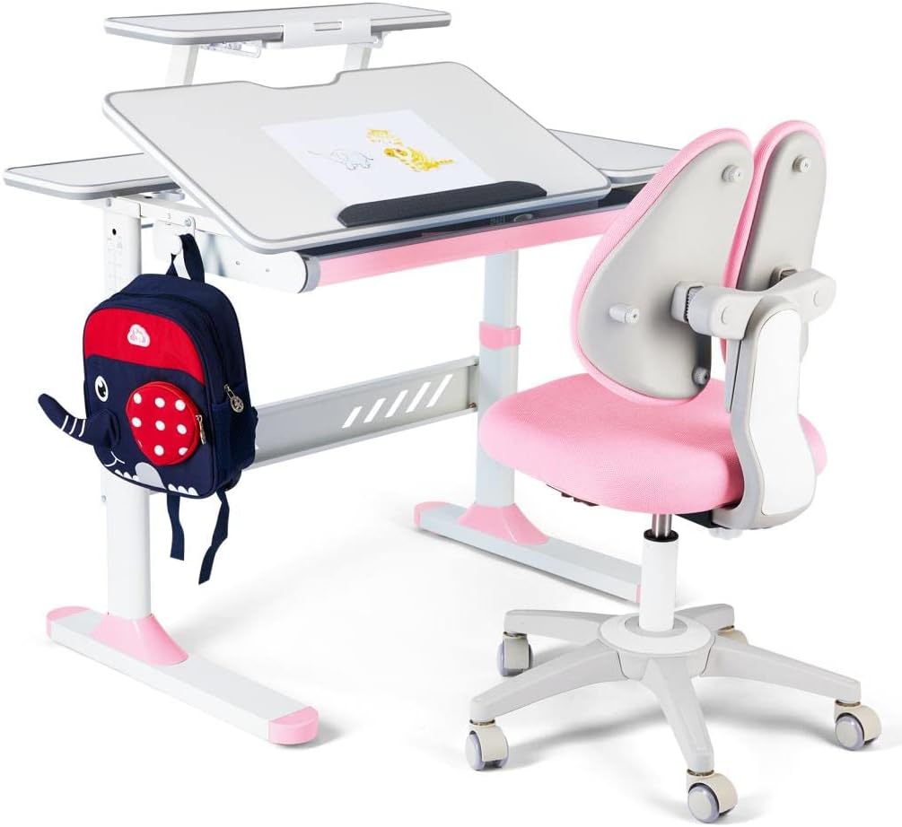 Kids Study Desk and Chair Set,Adjustable Girls School Writing Study Table,Ergonomic Desk Chair with Large Writing Board Pull Out Drawer Bookstand Pink