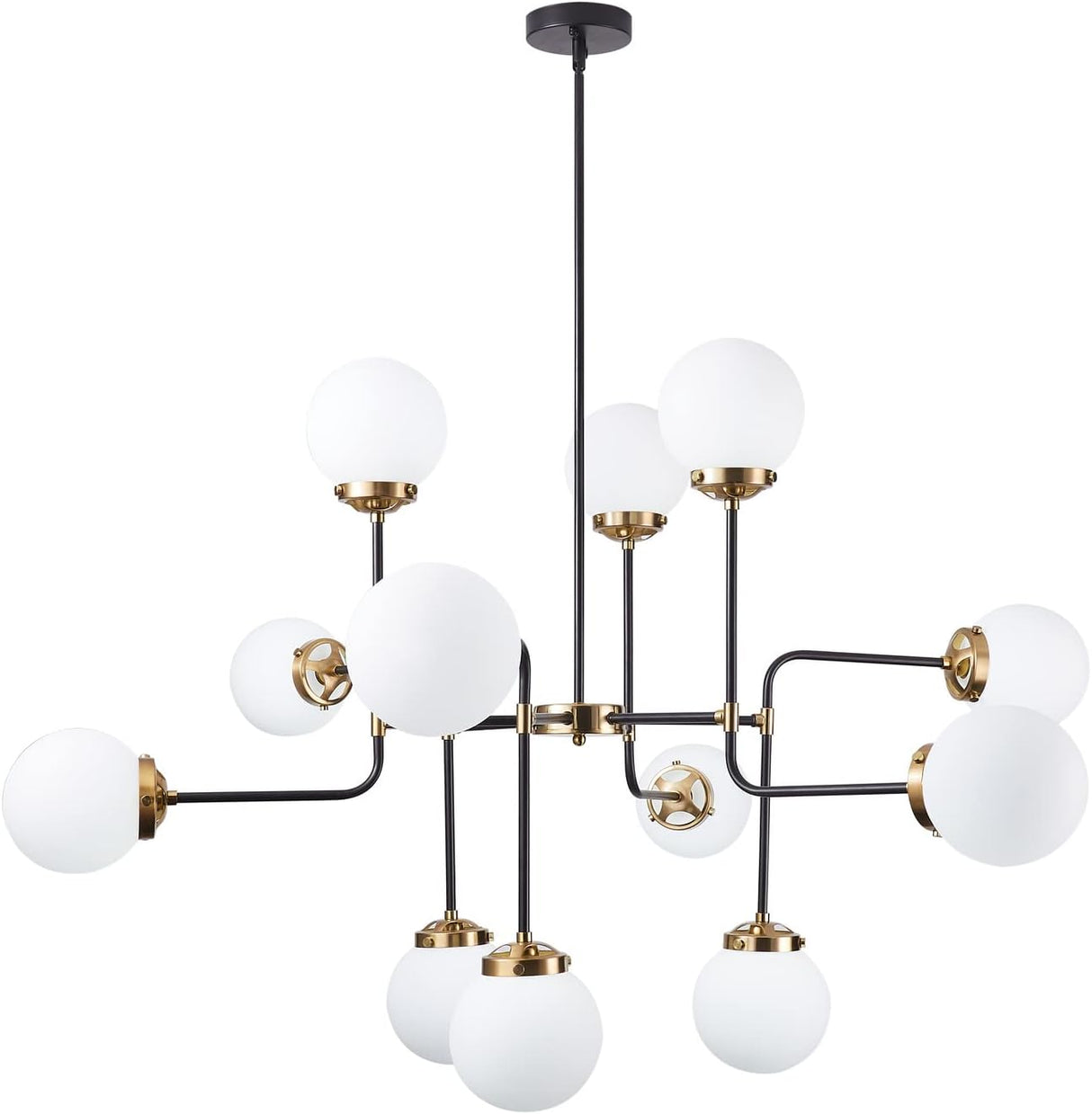 Light Fixture 12-Light Modern Black Gold Finish Chandelier Milk White Glass Globes Linear