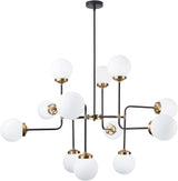 Light Fixture 12-Light Modern Black Gold Finish Chandelier Milk White Glass Globes Linear