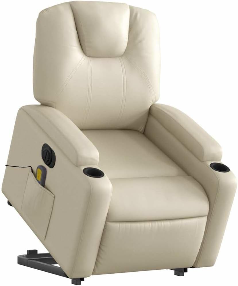 Electric Massage Recliner Chair - Cream Faux Leather Stand-up Armchair with Vibration Massage, Power Lift, Cup Holders for Living Room Comfort