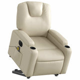 Electric Massage Recliner Chair - Cream Faux Leather Stand-up Armchair with Vibration Massage, Power Lift, Cup Holders for Living Room Comfort