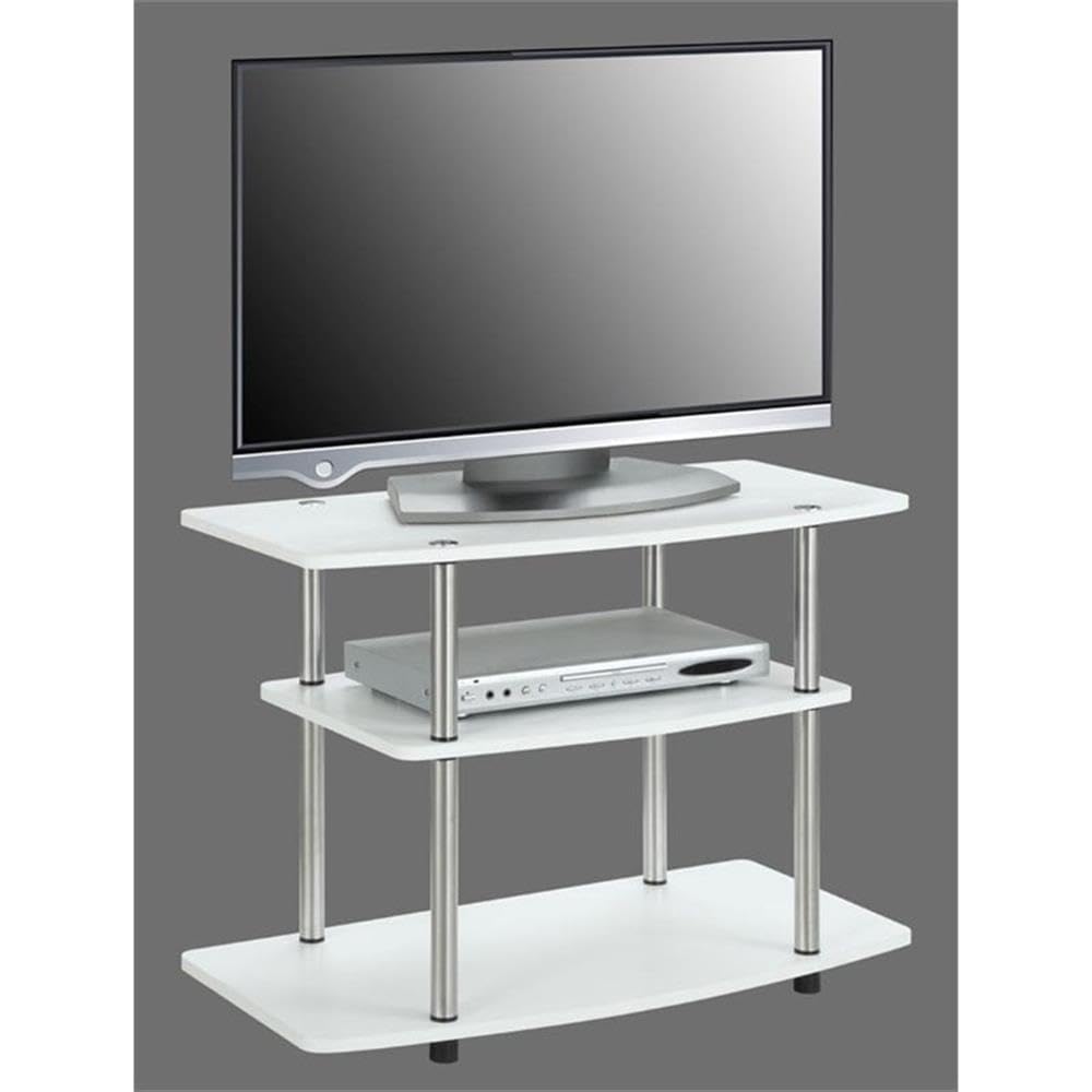 Easy Assembly No Tools Required 32" TV Stand Entertainment Console with 3 Tier Storage Shelves in White and Stainless Steel Clad Finish