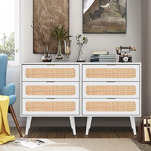 RARZOE 2 Sets of Rattan Nightstand Dresser Chest of 3 Drawers, Wood Storage Dresser Cabinet Organizer Unit for Bedroom Living Room Closet Office(Natural)