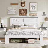 Queen Size Farmhouse Wooden Bed Frame with Headboard - White