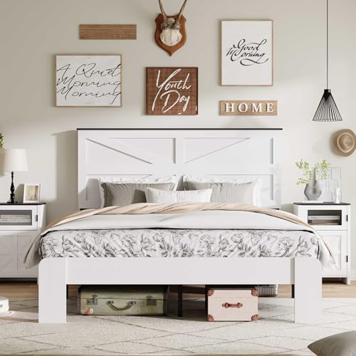 Queen Size Farmhouse Wooden Bed Frame with Headboard - White