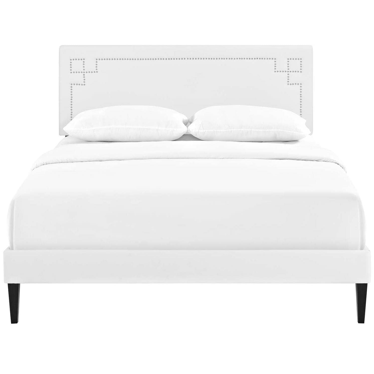 Modway Ruthie Faux Leather Upholstered Queen Platform Bed Frame in White With Tapered Legs