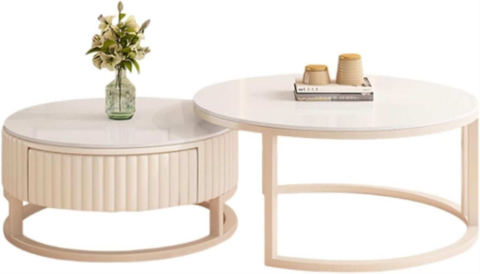 MACoffee Table Round Table Sturdy Decorative Table，Nesting Coffee Tables Set,1 Drawer，2 Sizes,Luxurious Side Table (Size : 60 * 33cm+80 * 45cm)
