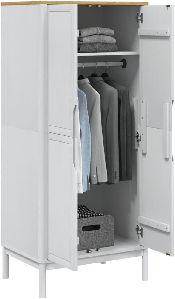 Wardrobe FLORO - Solid Pine Wood, White Finish, 30.3"x20.9"x67.3"