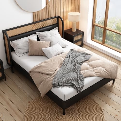 platform Bed Frame, Rustic & Bohemian Unique Style, Modern Rattan Wood Platform