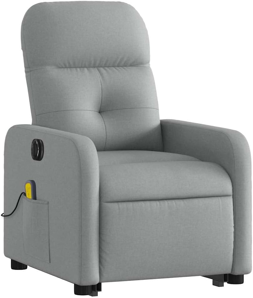 Power Lift Massage Recliner - Light Gray Fabric, Motorized Adjustable Back and Footrest, Vibration Massage, Side Storage Pocket