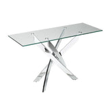 Glass Top Console Table with Chromed Metal Base, Clear and Silver