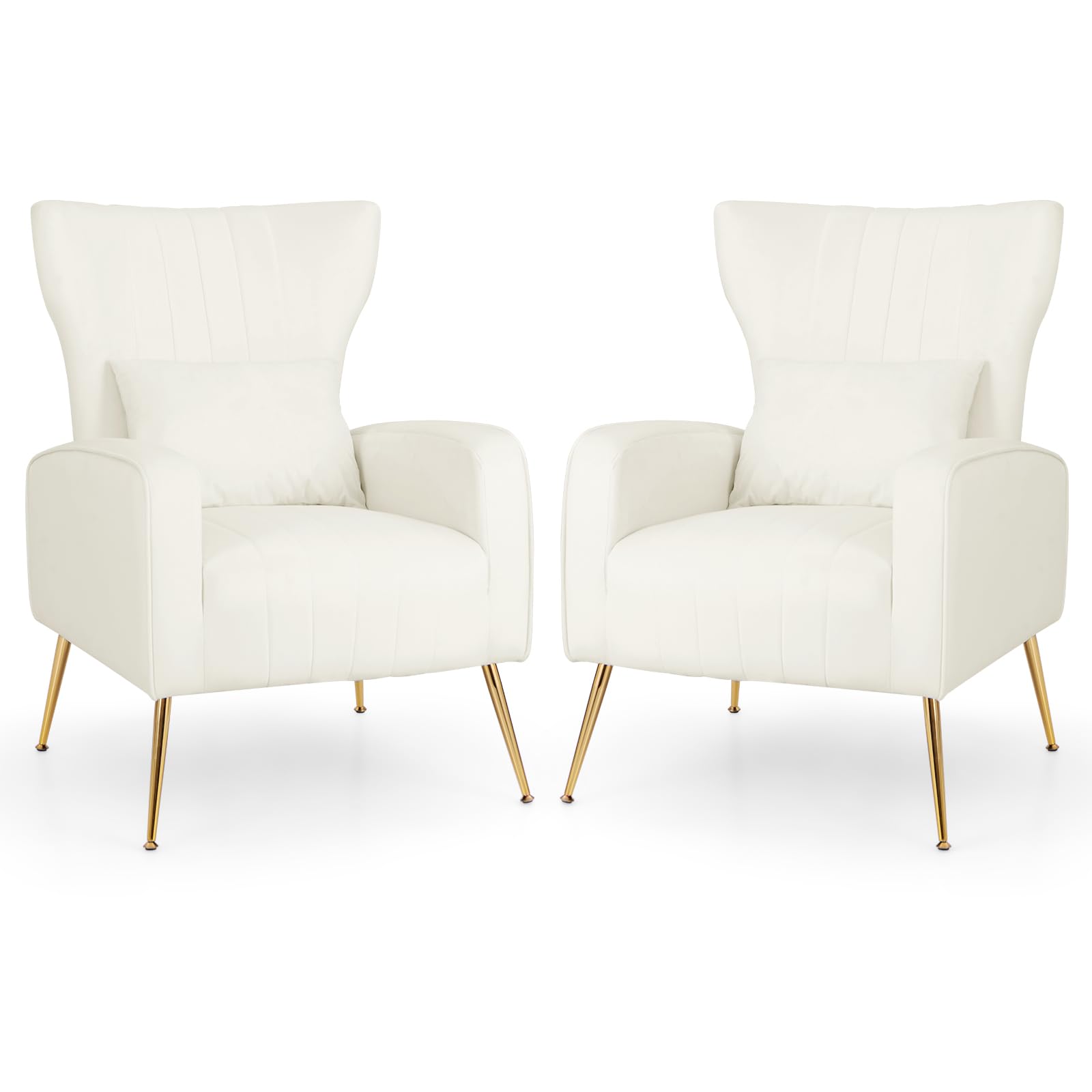Velvet Accent Chair Set of 2, Upholstered Tufted Wingback Arm Chair w/Lumbar Pillow