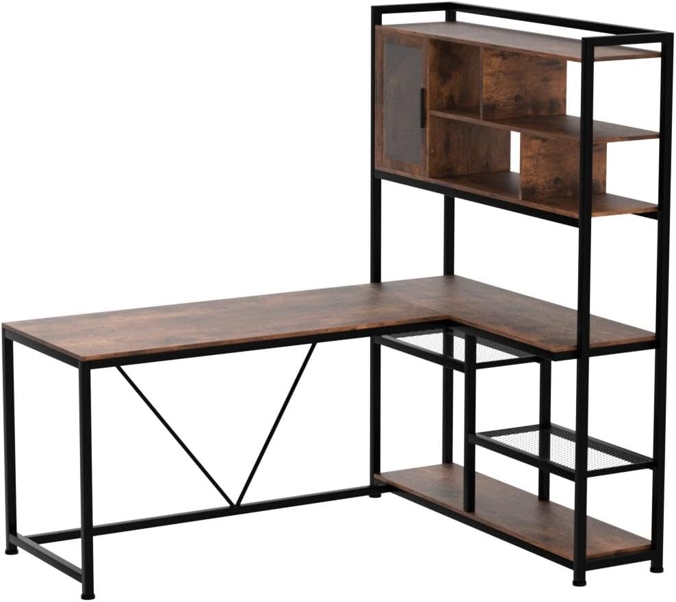 L Shaped Computer Desk, 58'' Office Desk with LED Light and Bookshelf