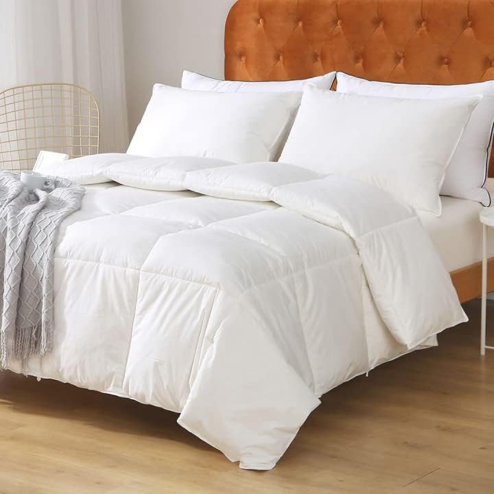 Down Comforter King - Organic Cotton Quilted Medium Warm All Seasons Duvet Insert or