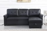 Lexi 83.5" W Black Vegan Leather Modern Reversible Sleeper Sectional Sofa with Storage Chaise