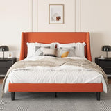 Upholstered Bed Frame Queen Size with Streamlined Wingback Headboard,