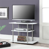 Easy Assembly No Tools Required 32" TV Stand Entertainment Console with 3 Tier Storage Shelves in White and Stainless Steel Clad Finish