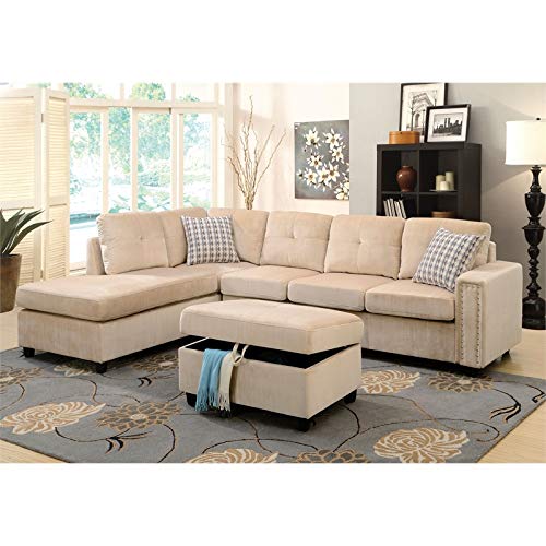 Velvet Sectional with Pillow in Beige