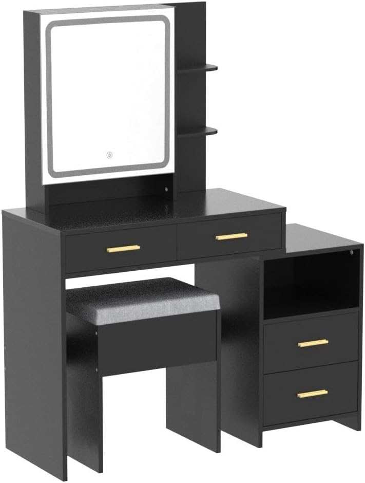 Table Set with Sliding Lighted Mirror 3-Color Lighting Makeup Desk with 4 Drawers,