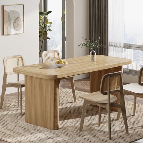 Dining Table for 4-6, Rectangular Wood Kitchen Table with Double Pedestal