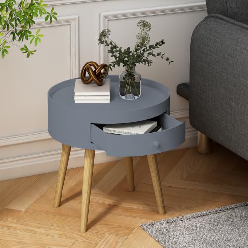 Nightstand with Storage Drawer & Oak Legs, Gray Bedside Table, Sofa Side Coffee Table