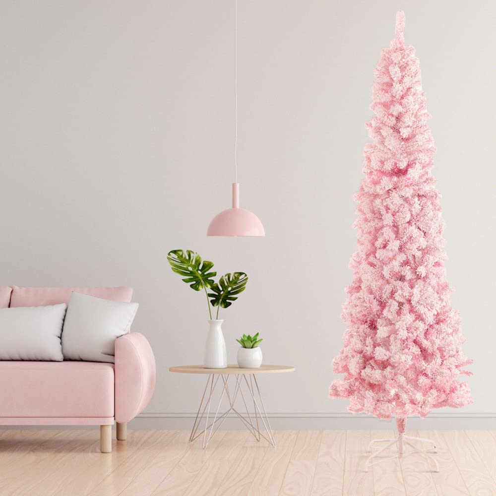 Auto Open Pink Skinny Snow Flocked Christmas Tree Artificial Christmas Tree, with 1000