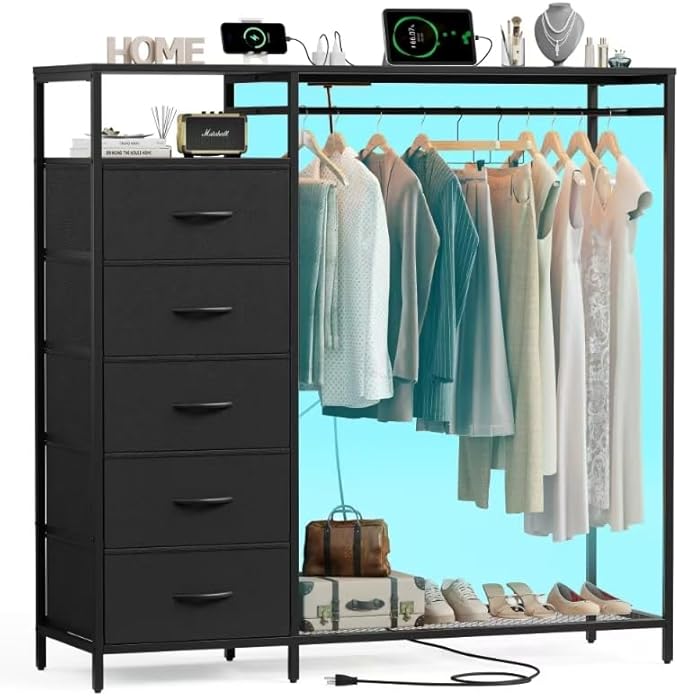 White Dresser with Hanging Rack, Dresser for Bedroom with 5 Drawers