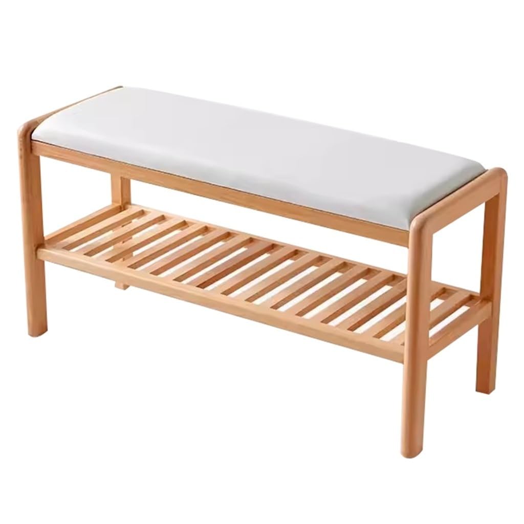 Japanese Wood Shoe Beech, Long Shoe Bench Rack with Upholstered Seat