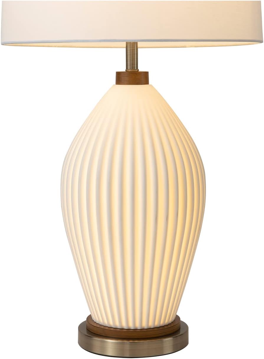 Bone Porcelain Table Lamp with Nightlight - 28", Weathered Brass and Walnut, 4-Way